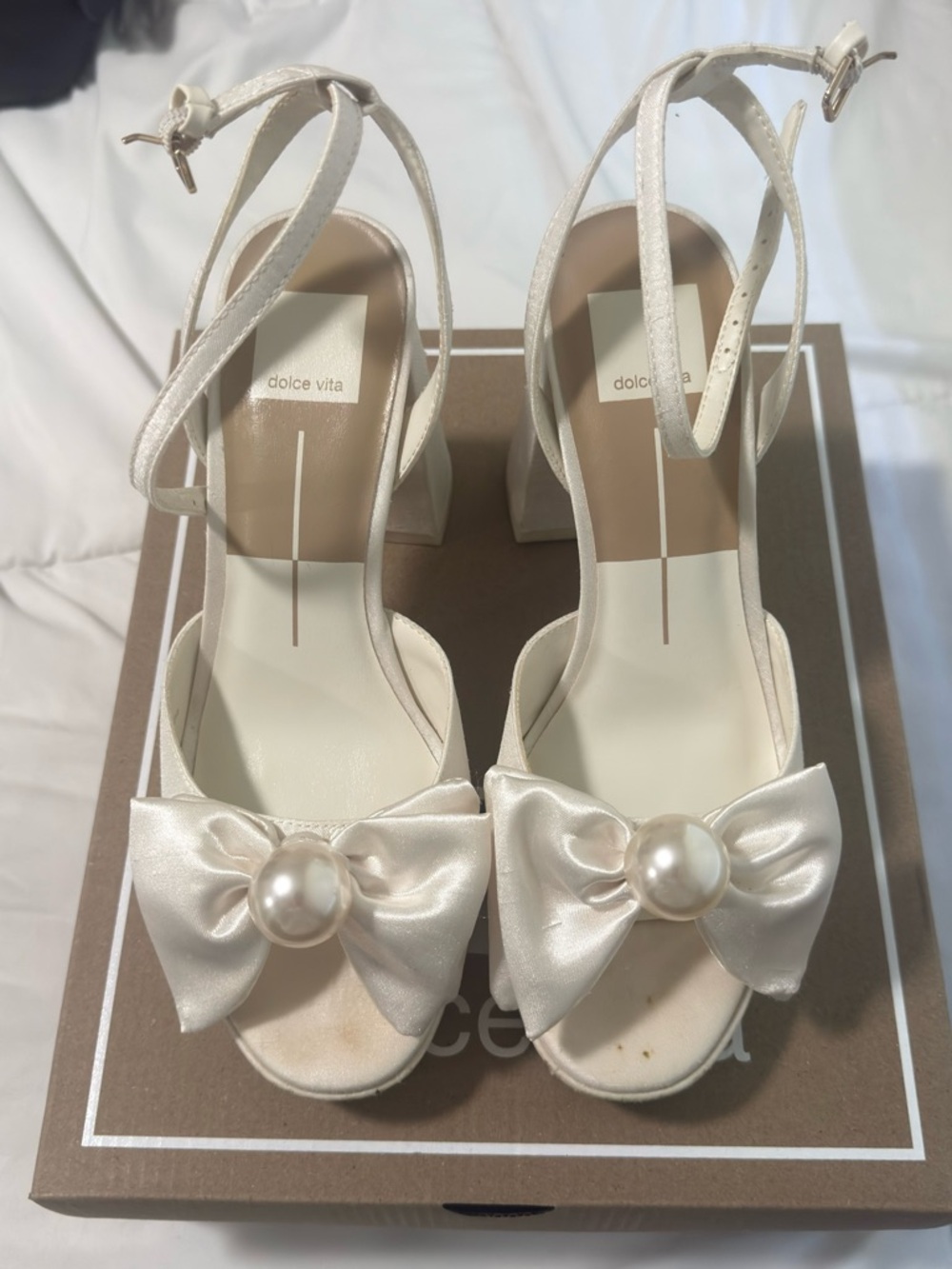 Dolce Vita Satin Ivory Bow Sandals with Pearl Accent